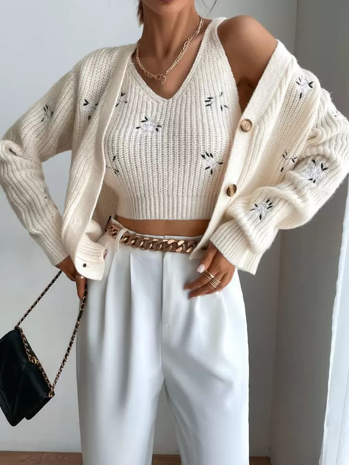 Floral Embroidery Cardigan & Knit Top | SHEIN