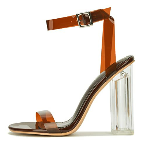 Cape Robbin Maria-2 Clear Chunky Block High Heels for Women, Transparent Strappy Open Toe Shoes Heels for Women - Brown Size 7.5 | Amazon (US)