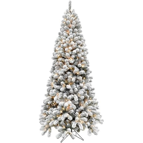 Fraser Hill Farm 12-Ft. Alaskan Pine Flocked Artificial Christmas Tree with Warm White LED Lights and Stand, Prelit Foldable Fake Tree with Realistic Snowy Foliage for Home Decoration | Amazon (US)
