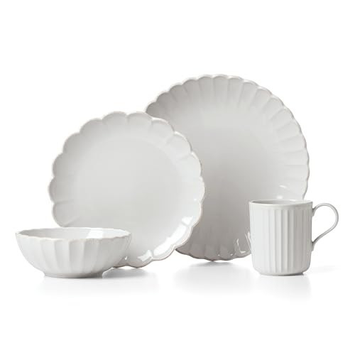 Lenox Dinnerware Set, French Perle Scallop 4-Piece Place Setting, Service For 1, Dinnerware Set, Stoneware, Includes Plates, Bowl, and Mug, Dishwasher And Microwave Safe, Dish Set (White, 4 Piece) | Amazon (US)