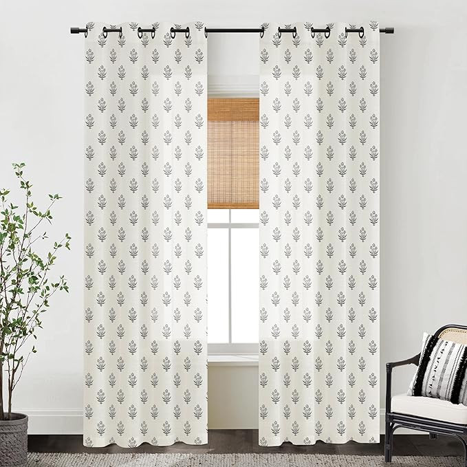 Grey Black and Off White Curtains for Living Room Bedroom,Plaid Floral Patterned Farmhouse Curtai... | Amazon (US)