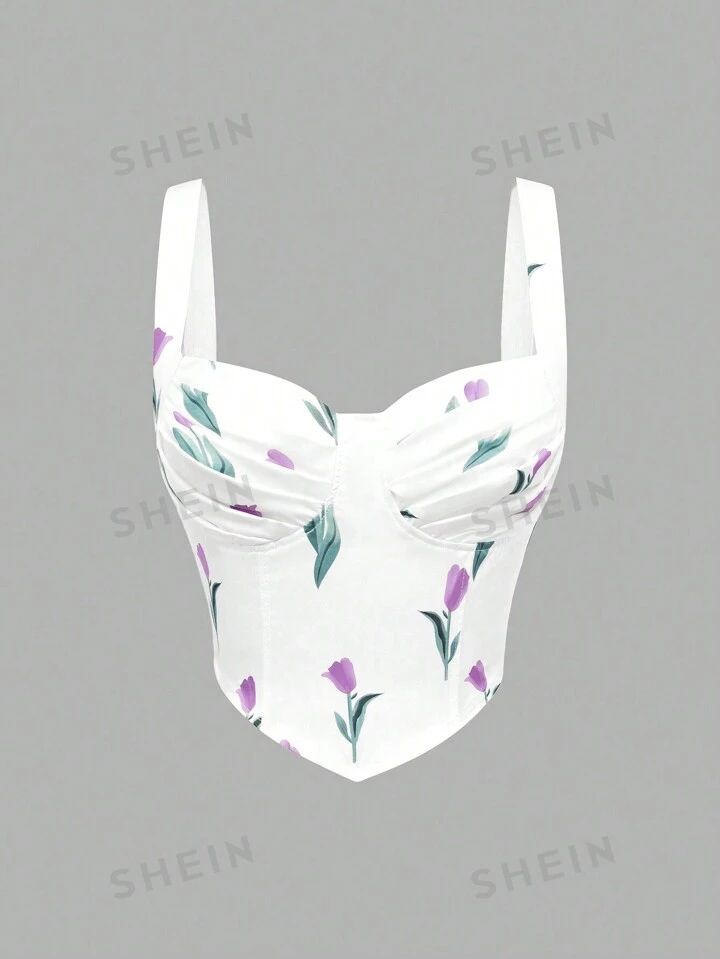SHEIN MOD Women's Tulip Print Pleated Summer Tank Top | SHEIN