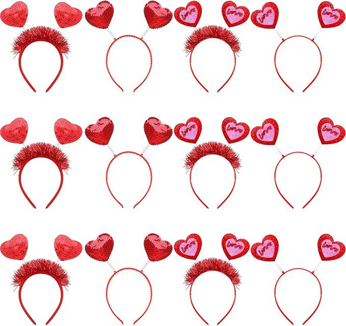 12 Pack Valentine's Day Headband Glitter Sequins Red Heart Head Boppers for Photo Booth Props Val... | Amazon (US)