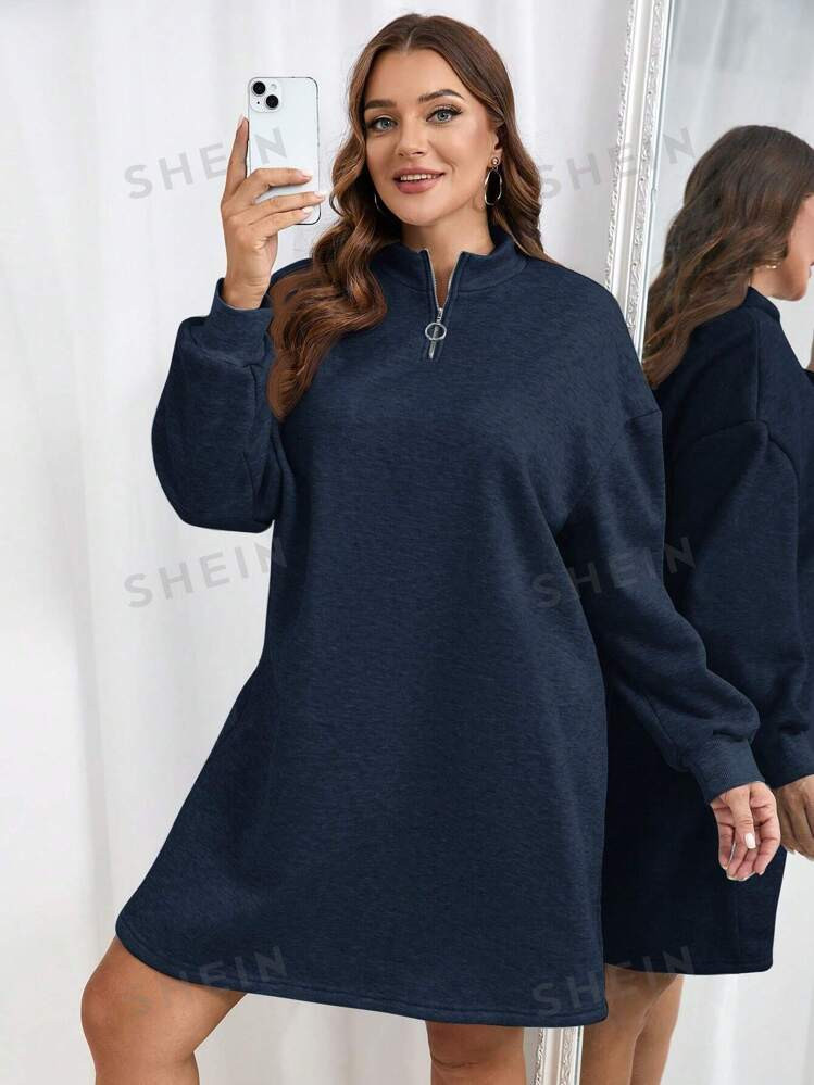 SHEIN Essnce Plus Size Women Half-Placket Gray Color Casual Dress Sweatshirt, Loose And Fashionab... | SHEIN
