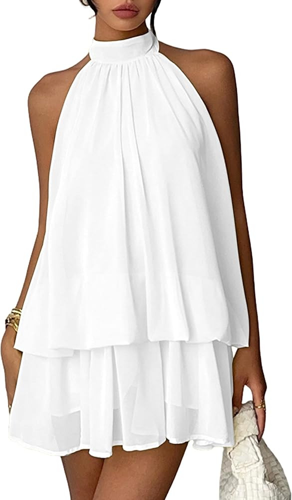 Chiffon Dresses for Women Sexy Halter Drop Waist Dress Ruffle Backless Wedding Guest Dresses Bubb... | Amazon (US)