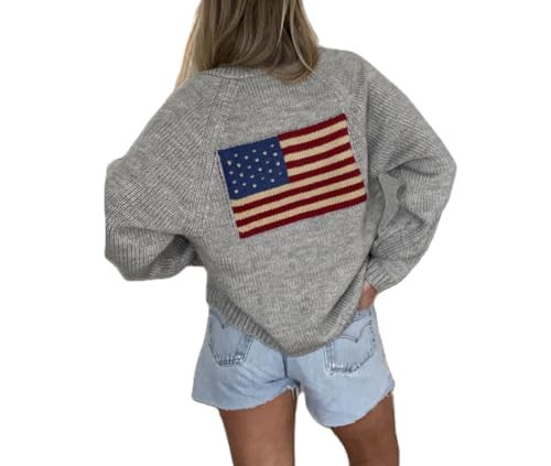 Mxiqqpltky American Flag Cardigan Sweaters for Women Y2K Striped Star Long Sleeve Button Down 4th of July Varsity Cardigans(Gray,Small) | Amazon (US)