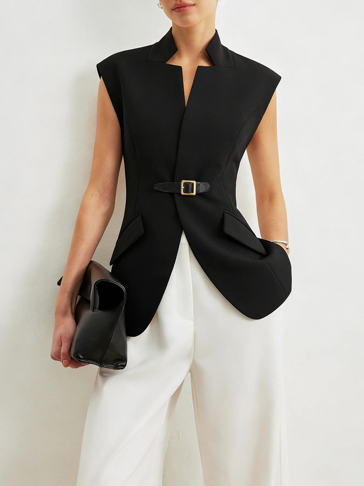 Notch Lapel Buckle Detail Blazer Vest | Commense