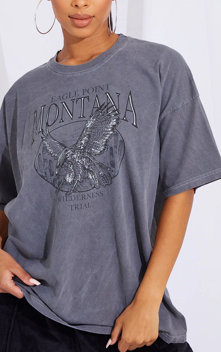 Charcoal Montana Logo Oversized Washed T Shirt | PrettyLittleThing US