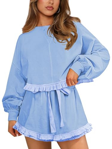 Amazon.com: MIYIEONZ Womens 2 Piece Set Crewneck Sweatshirt Ruffle short Sets Fall Fashion cute t... | Amazon (US)