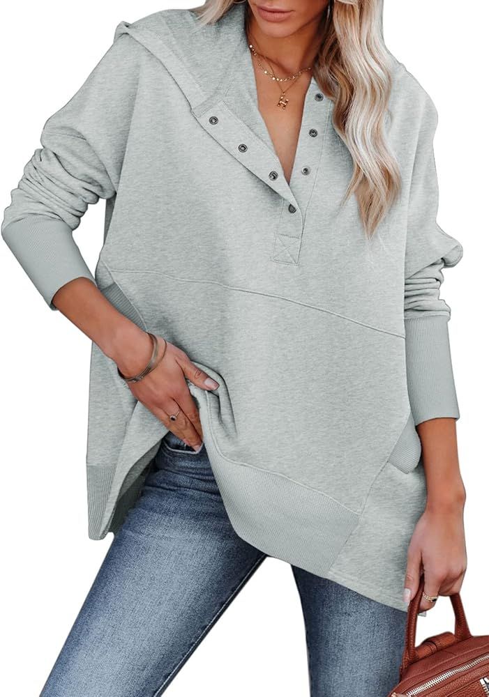 AlvaQ Women Casual Button V Neck Hoodies Oversized Pullover Sweatshirt Hooded Tops with Pockets | Amazon (US)