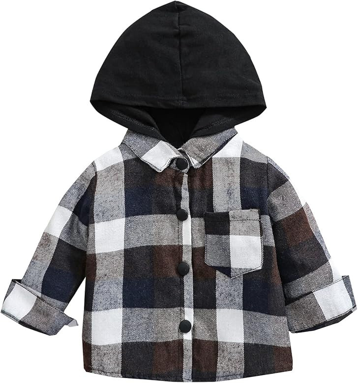 Kids Little Boys Girls Baby Long Sleeve Button Down Hooded Plaid Shirt Red Plaid Flannel Outfits | Amazon (US)