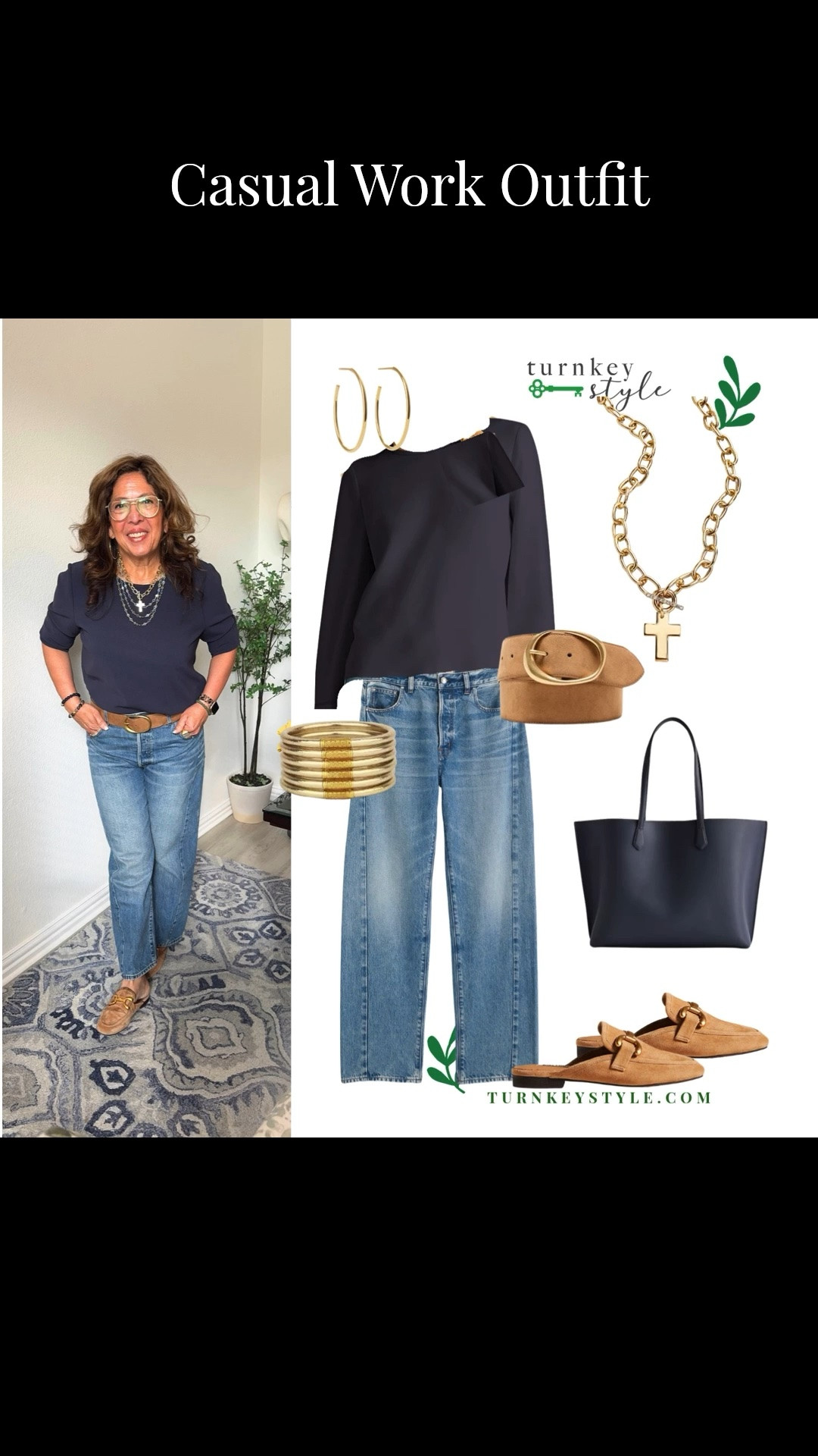This is a go to casual work from home outfit or running errands. 
This top is washable and keeps its shape. 
These barrel jeans are my absolute favorites. 

I’m Elisa, a wardrobe stylist, founder of Turnkey Style, and author of The Style Advantage: I Say What HR Can’t. I work with professionals and corporate teams to help them show up authentically, on brand, and with confidence. I’m also a mom of two grown boys, a wife, a post-menopausal woman in business, 5’4”, a size 14/16 on the bottom and L on top. I’ve been everything from a size 10–18+, which is why fit, function, and real life always come first.

#LTKgrwm #LTKootd #LTKOver40
