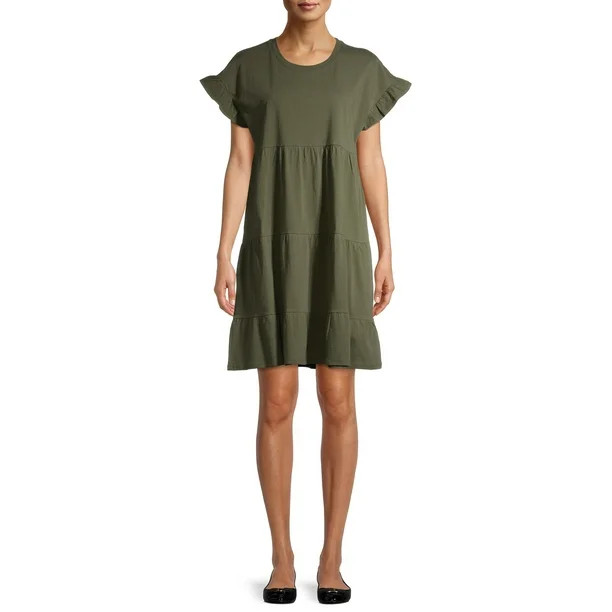 Time and Tru Women's Flutter Sleeve Tiered Dress - Walmart.com | Walmart (US)