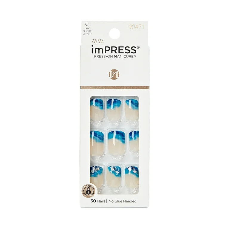 KISS imPRESS Long-Lasting Short Square Gel Press-On Nails, Glossy Blue & White, 30 Pieces | Walmart (US)