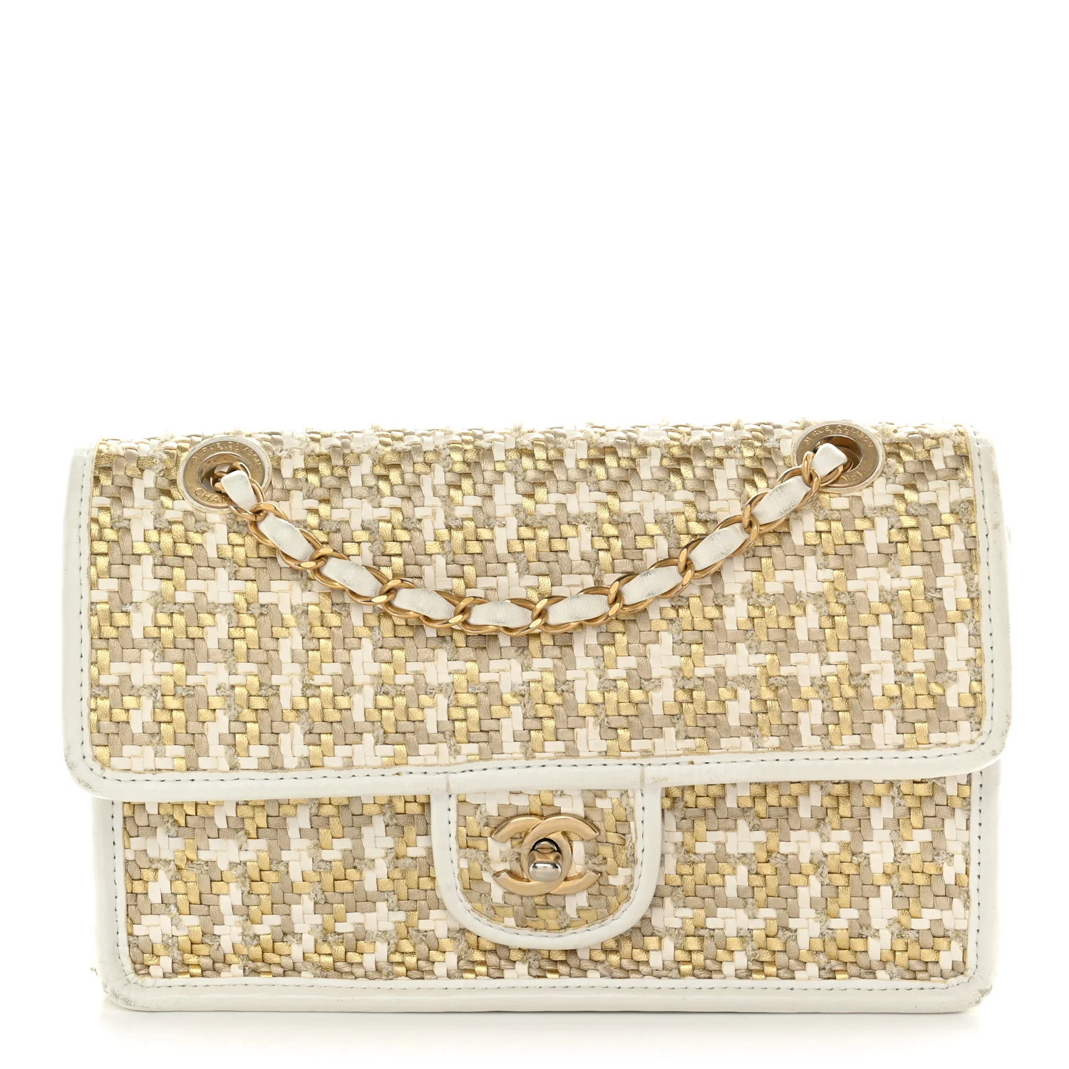 Chanel Metallic Lambskin Viscose Woven Flap Gold White 1936572 | FASHIONPHILE (US)
