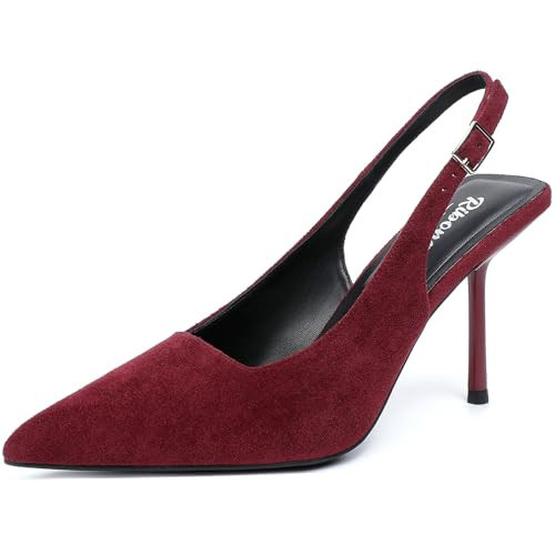 RIBONGZ Burdundy Heels Slingback for Women Closed Toe Heels Suede Stiletto Pumps Sexy High Dark Red Heeled Wedding Bride Prom Party Evening Dressy Shoes 11 | Amazon (US)