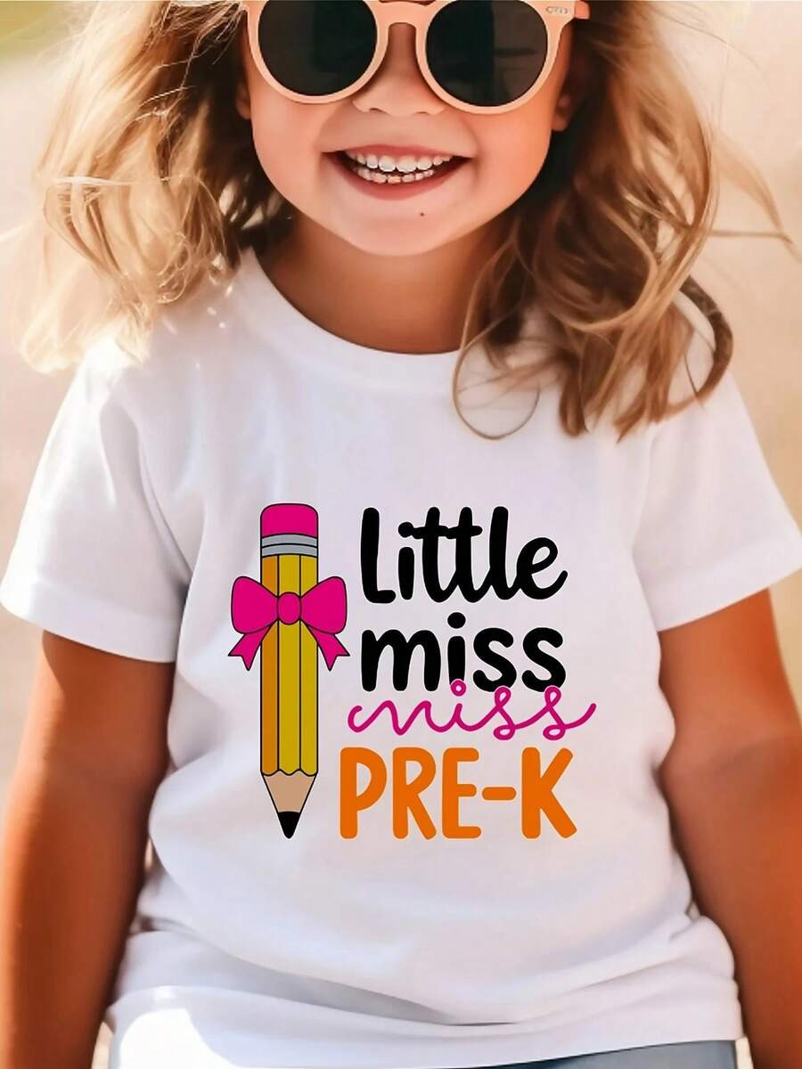 Little Miss Pre-K Pencil Bow Graphic Toddler Girl T-Shirt, 100% Cotton Short Sleeve Casual Kids Back To School Top, Cute First Day Of Pre-K Tee | SHEIN