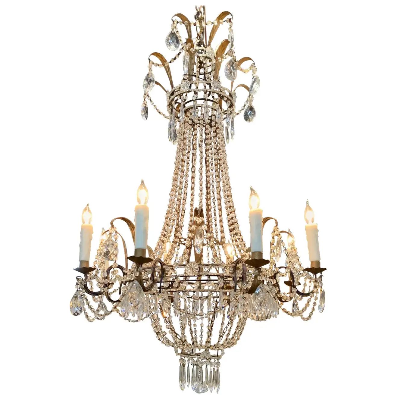 19th Century French Empire Beaded Crystal and Tole Chandelier | 1stDibs