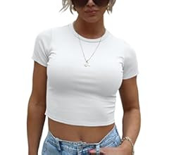 LEEDYA Women Cute Teen Girls Tight Shirt Crewneck Short Sleeve Going Out Tshirt Basic Crop Tops 2... | Amazon (US)