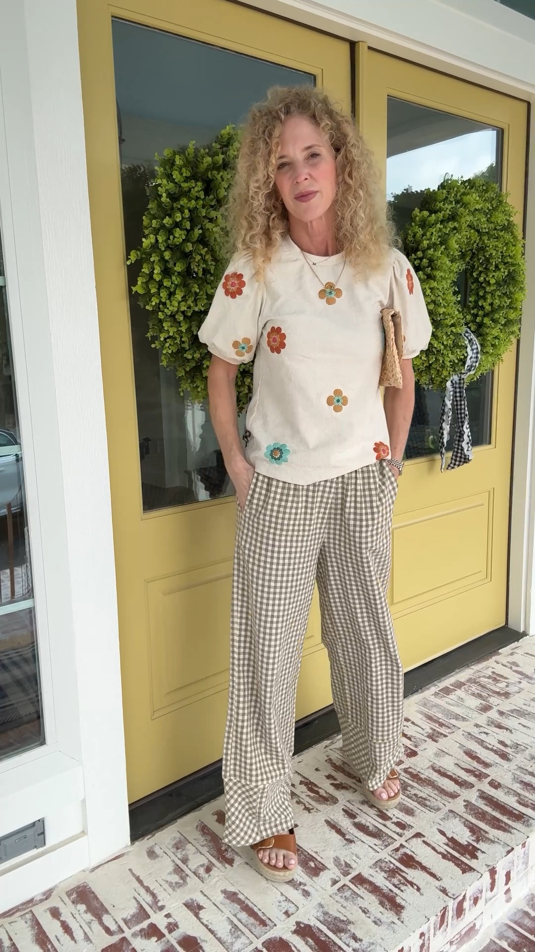 My most-loved gingham pants—I own 3 colors. Styled with my straw clutch.