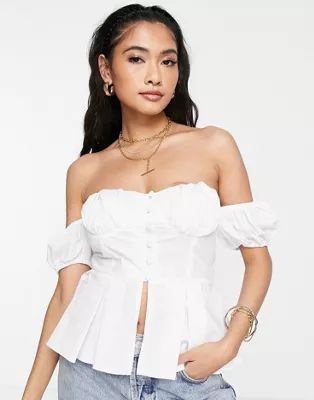 ASOS DESIGN off-shoulder corset top with puff sleeves in white | ASOS (Global)