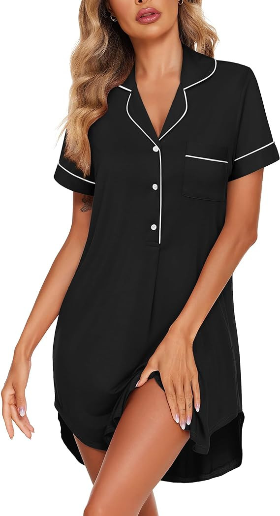 Ekouaer Women's Nightgown Button Down Nightshirt V Neck Sleepshirt Short Sleeve Sleepwear Soft Pa... | Amazon (US)