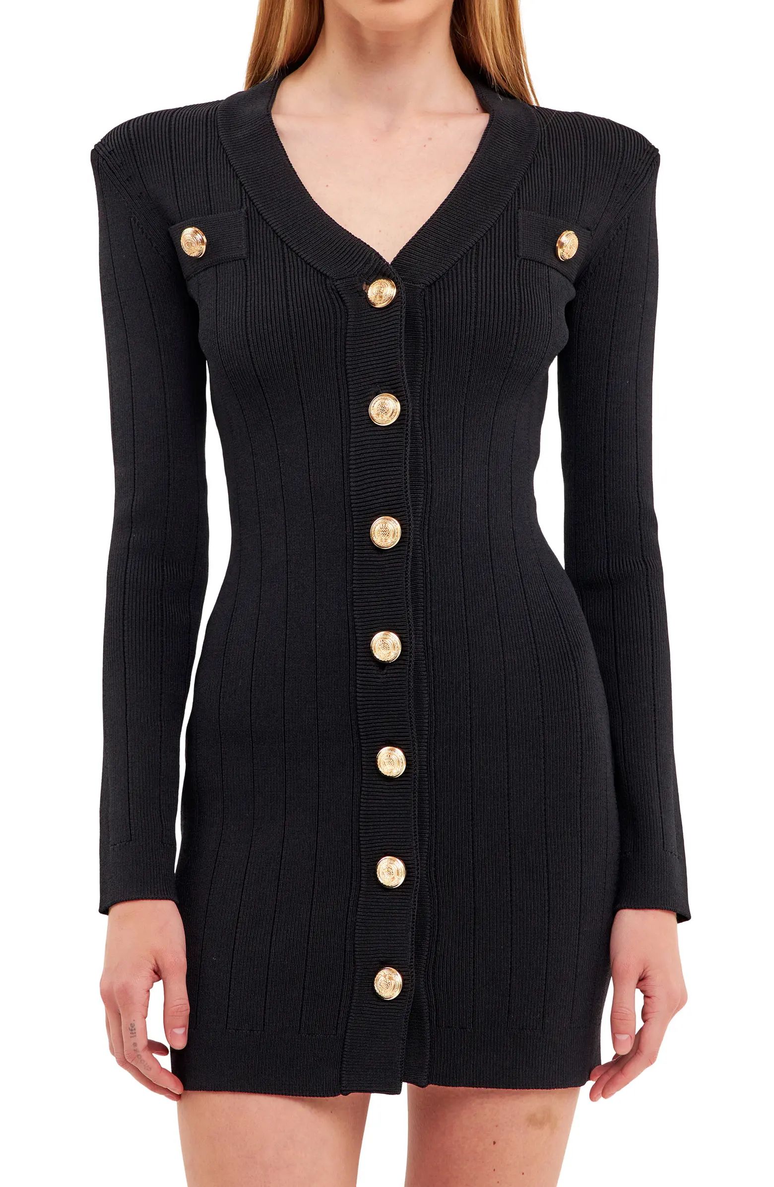 Padded Shoulder Long Sleeve Button-Up Sweater Minidress | Nordstrom