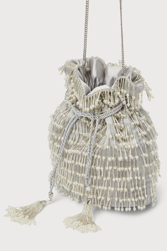 Celebrate the Vibe Silver Beaded Pearl Fringe Bucket Bag | Lulus (US)