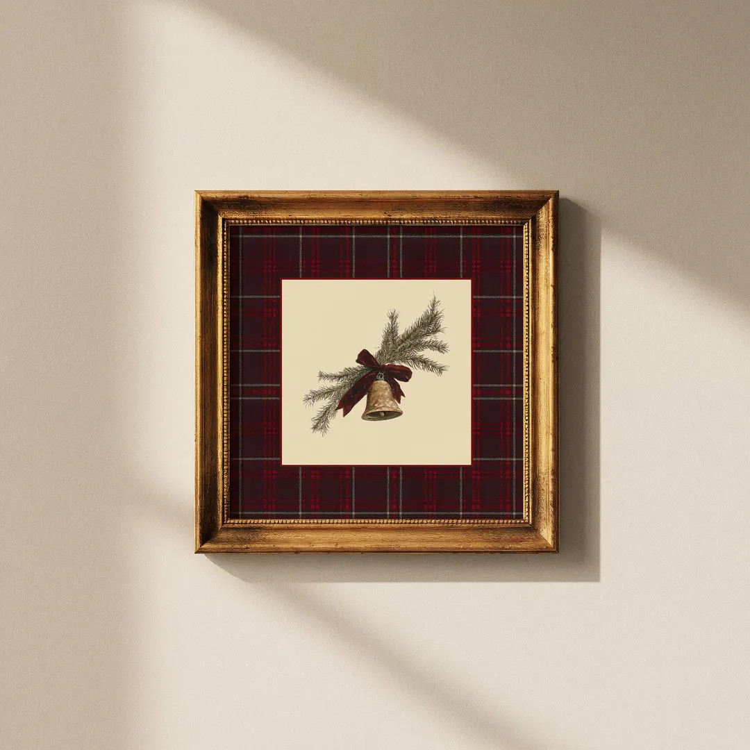 Christmas Bells Square Wall Art, Burgundy Bows and Tartan Traditional Holiday Printable Art - Ets... | Etsy (US)