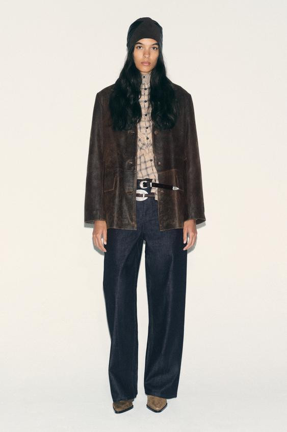 Zara - Distressed 100% Leather Jacket - Brown - L - Woman | Zara US