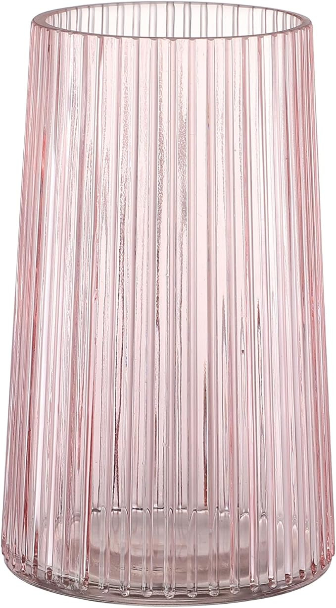 Pink Glass Vase for Flower, Flower Vase for Bouquet, Modern Glass Vases, Ribbed Vases for Living ... | Amazon (US)