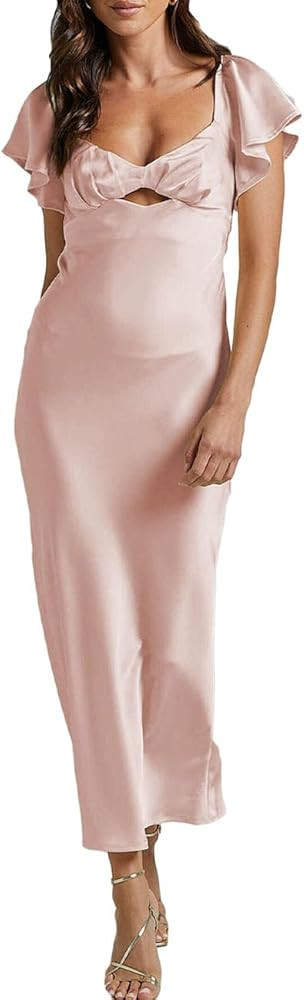 Summer Satin Flutter Sleeve Wedding Guest Dresses for Women Sweetheart Neckline Cutout Tie Back M... | Amazon (US)