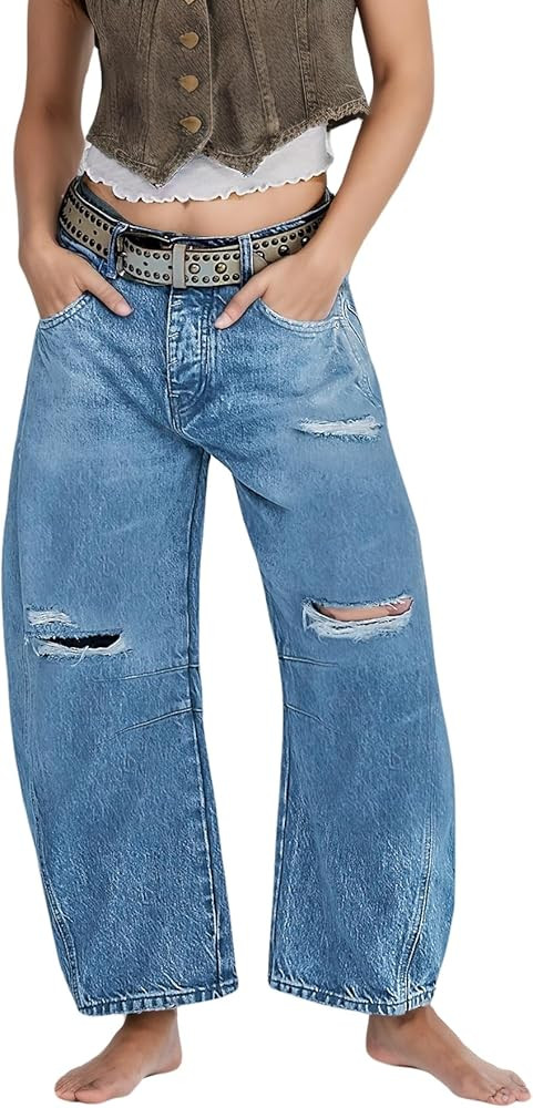 LifeShe Wide Leg Distressed Jeans for Women Baggy Ripped Jeans Low Waist Barrel Boyfriend Denim P... | Amazon (US)