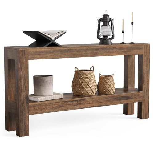 LITTLE TREE 63-Inch Narrow Long Console Table for Living Room, Farmhouse Wood Entryway Table for Hallway, Sofa, Entry, Entrance, Foyer, Behind Couch with 2-Tier Shelves, Brown | Amazon (US)