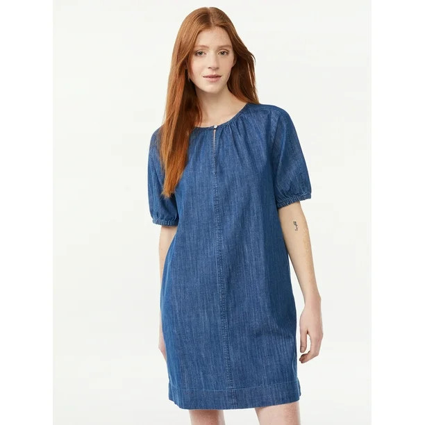 Free Assembly Women's Shirred Neck Mini Dress with Short Sleeves | Walmart (US)