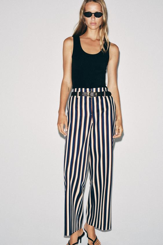 Zara - Striped Belted Trousers - Striped - M - Woman | Zara US