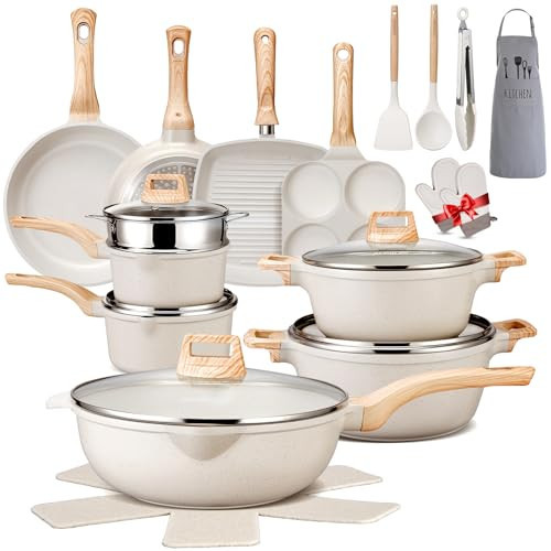 AOSION 27PCS Pots and Pans Set, Nonstick Ceramic Cookware Set, Healthy Kitchen Cooking Set with Gloves, Apron, Silicone Tools & Pot Protectors, Oven & Dishwasher Safe, PFOA/PFOS Free，Ivory | Amazon (US)