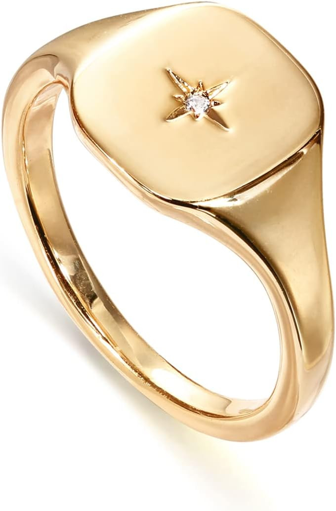 PAVOI 14K Gold Plated Engraved Signet Ring for Women with North Star | Amazon (US)