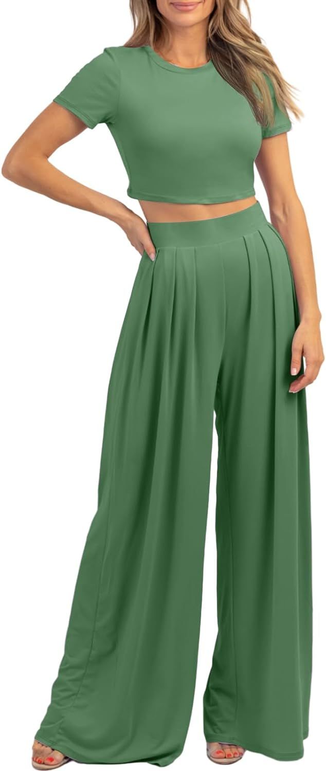 Fisoew Women's 2 Piece Lounge Sets Crop Tops Wide Leg Palazzo Pants Casual Outfits       Send to ... | Amazon (US)