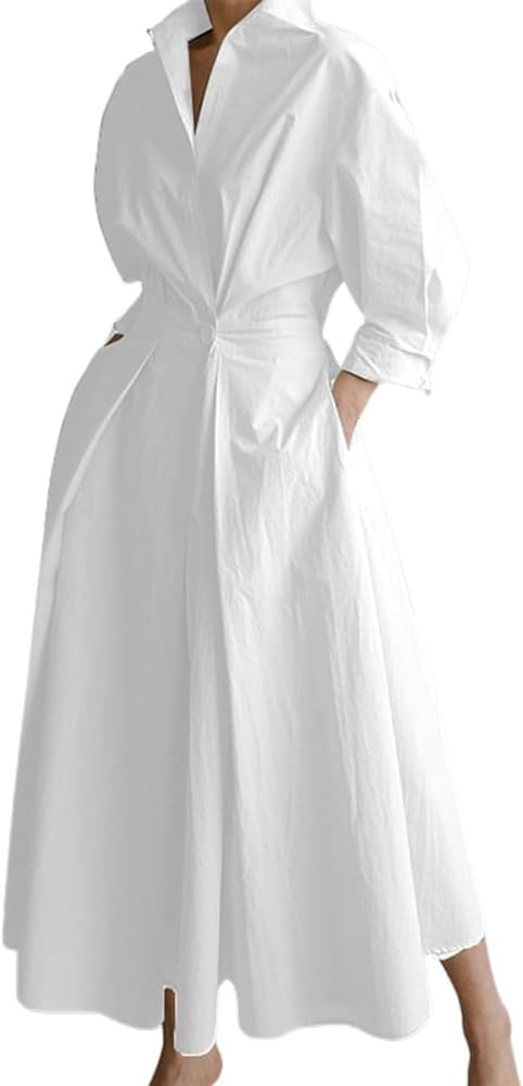 Womens Cotton Button Down Maxi Tshirt Dress Ladies Collared Lapel Long Sleeve Dresses | Amazon (US)