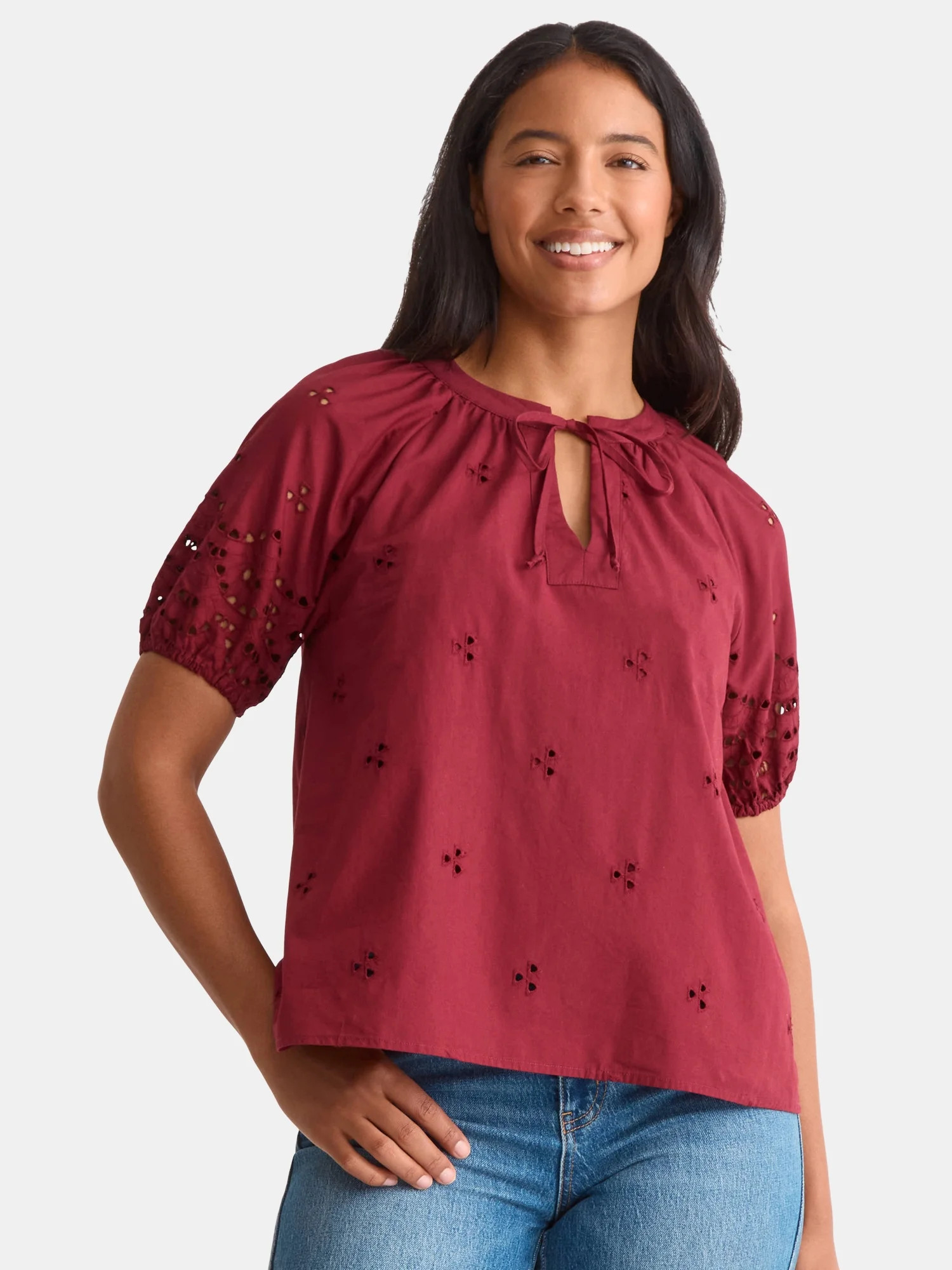Time and Tru Women's Eyelet Top with Puff Sleeves, Sizes XS-XXXL | Walmart (US)