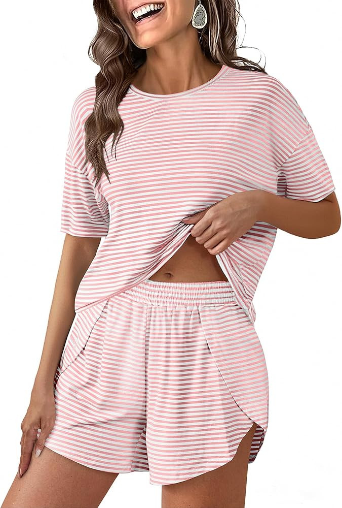 ANRABESS Womens Striped Pajamas Sets 2026 Summer 2 Piece Lounge Matching Short PJ Set Side Split ... | Amazon (US)