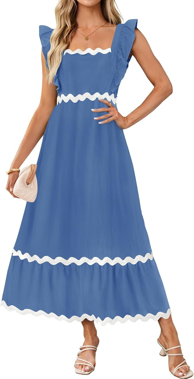 ZESICA Women's Summer Sleeveless Ruffle Dresses 2024 Square Neck Backless Boho Flowy Maxi Sundres... | Amazon (US)