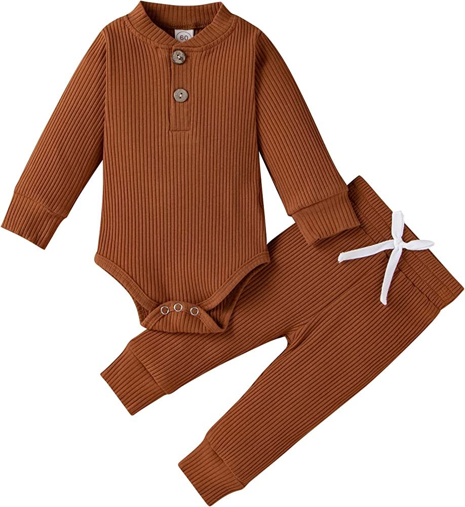 Winter Newborn Baby Boy Girl Clothes Set Ribbed Outfits Unisex Infant Solid Cotton Button Long Sleev | Amazon (US)