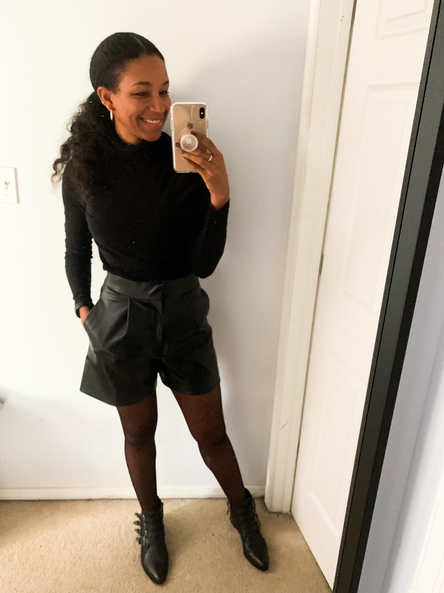 All black leather shorts outfit! 
A classy look for all occasions. 

#LTKSeasonal #LTKunder100 #LTKstyletip