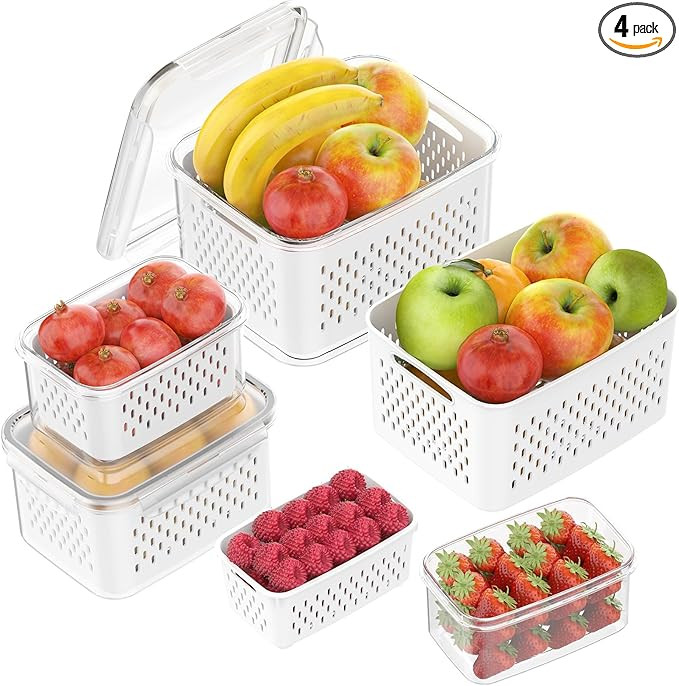 4 PCS Fruit Storage Containers for Fridge with Removable Colander, Dishwasher Safe Produce Saver ... | Amazon (US)
