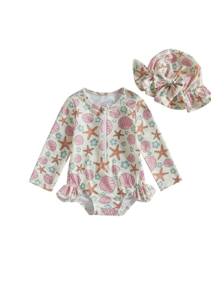 Conjunto De 2 Piezas De Bañador De Protección Solar Para Bebés Y Niñas Pequeñas Con Gorra, Diseño De Estrella De Mar Y Concha, Con Cierre Y Manga Larga | SHEIN