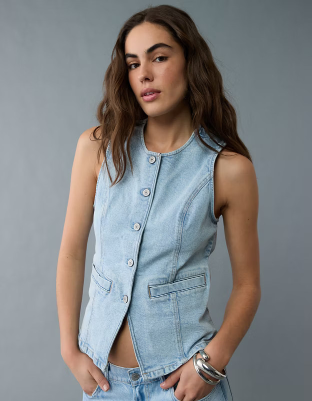 AE Crew Neck Button-Up Denim Vest | American Eagle Outfitters (US & CA)