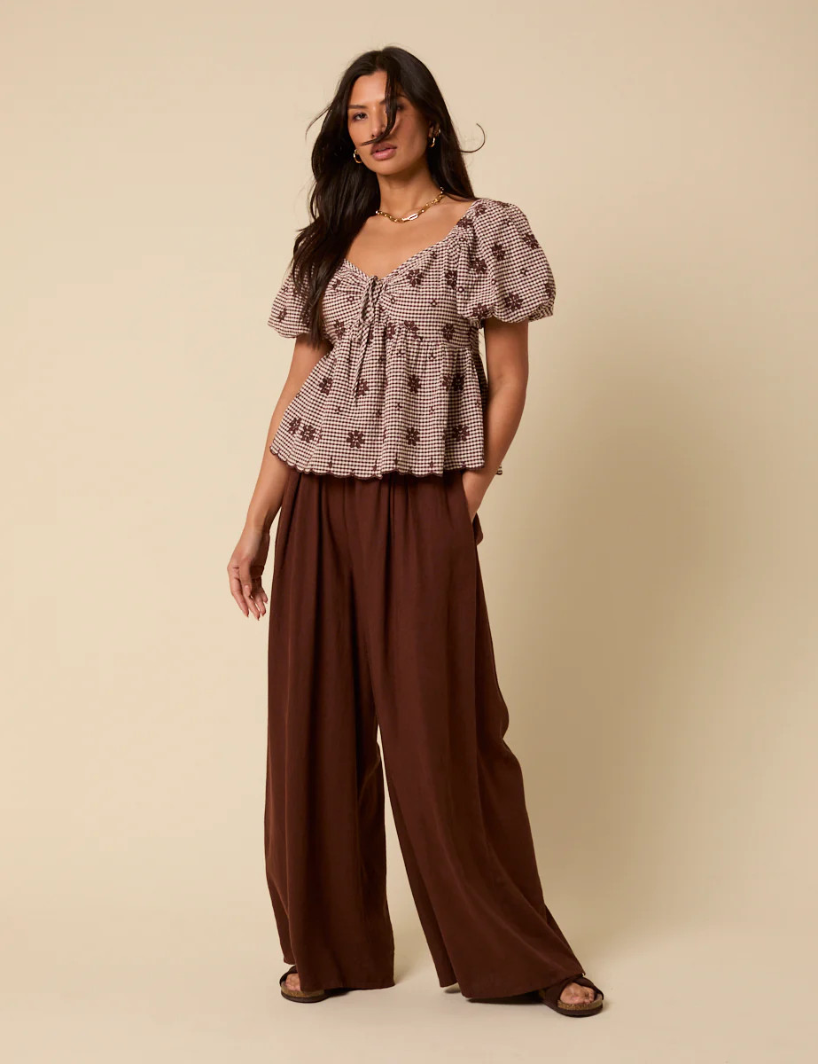 Brown Gingham Embroidered Top | Nobody's Child