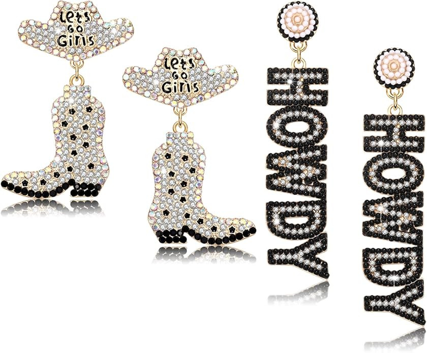 2 Pairs Western Cowgirl Earrings for Women Sparkly Rhinestone Cowboy Boot Hat Dangling Earrings F... | Amazon (US)